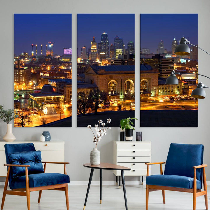 The Kansas City Night Canvas Print Wall Art creates a scene as captivating as museum-quality art, showcasing a city skyline at night with illuminated buildings.