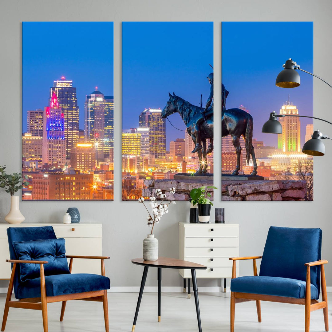 A large Kansas City Night Canvas Print Wall Art adorns the wall, gallery wrapped and finished with a UV-protective coating for lasting vibrancy.