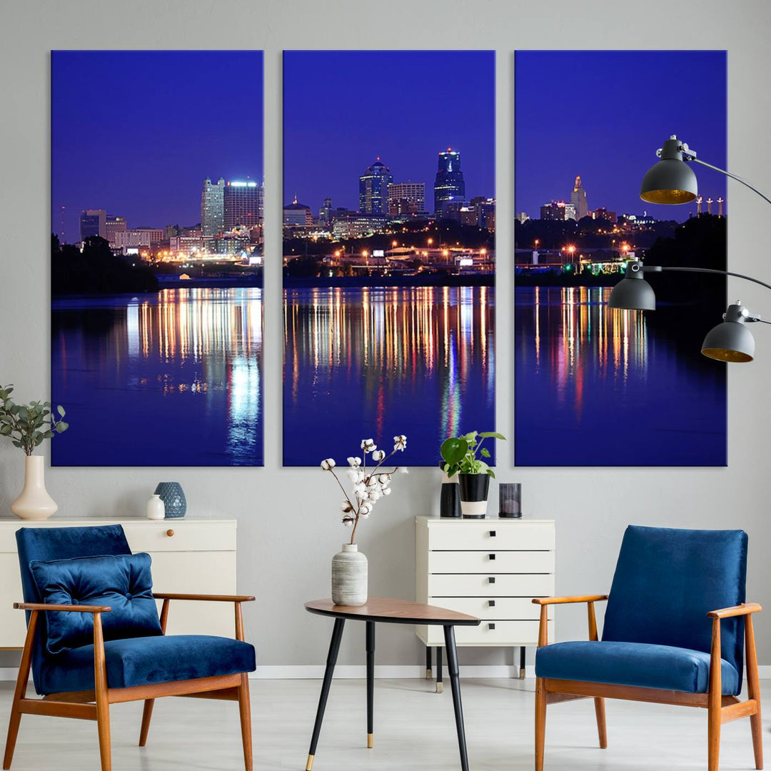 The Kansas City Night Canvas Print Wall Art captures the shimmering city skyline on the calm water, where every detail resembles a museum-quality polycotton masterpiece.