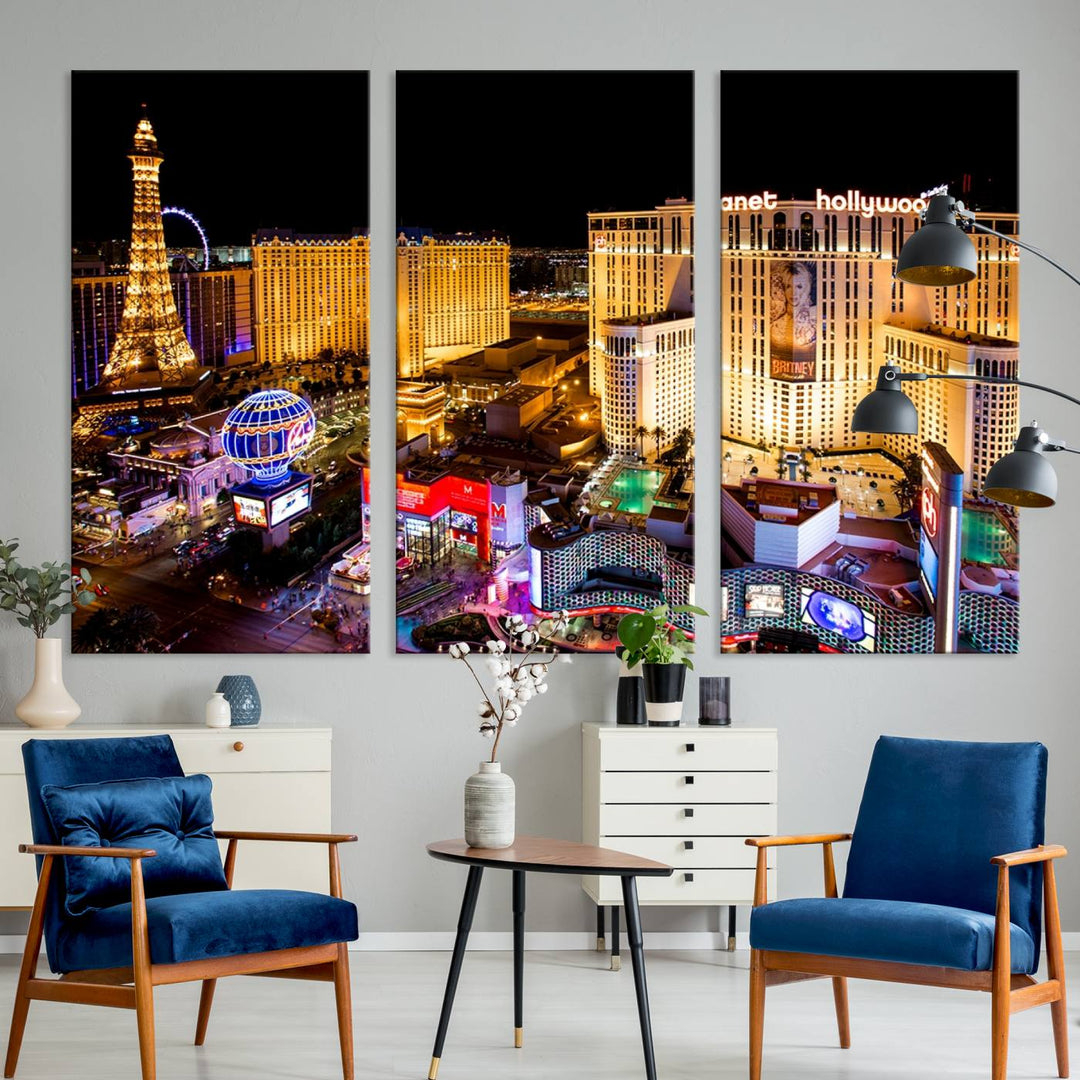 The Las Vegas Wall Art Canvas Print is a triptych set that showcases a stunning night view of Las Vegas. The illuminated buildings and the iconic faux Eiffel Tower add elegance to any space. Each piece comes with a UV-protective coating and is ready to hang, ensuring both style and durability.