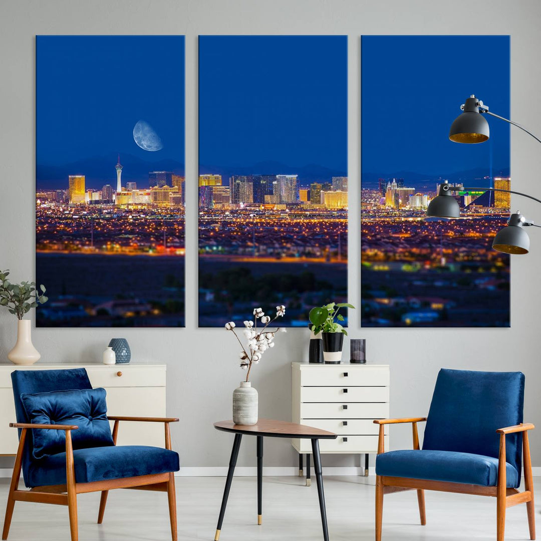 The Las Vegas Wall Art Canvas Print, depicting a city skyline at night, enhances a modern living room with its museum-quality canvas. This triptych comes ready to hang and boasts a UV-protective coating for lasting brilliance.