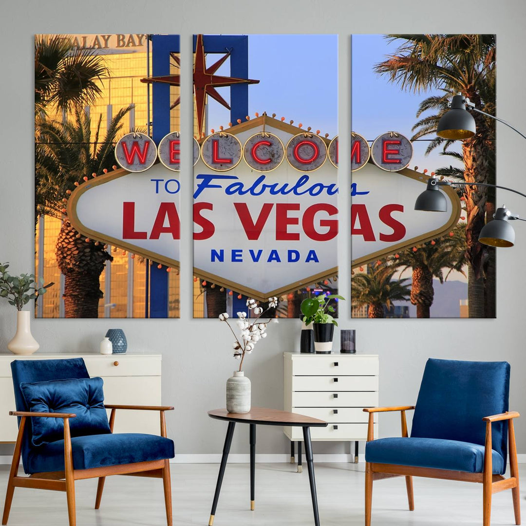 A Las Vegas Wall Art Canvas Print hangs on the wall, showcasing the iconic Welcome to Fabulous Las Vegas, Nevada sign. The museum-quality canvas guarantees vibrant colors with its UV-protective coating and is available with free shipping for added convenience.