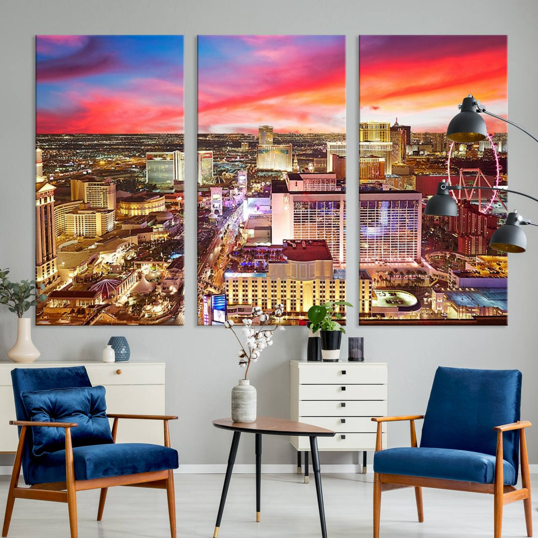 Las Vegas Wall Art Canvas Print depicting a vibrant cityscape at dusk on museum-quality canvas with a UV-protective coating, showcasing a skyline with colorful clouds.