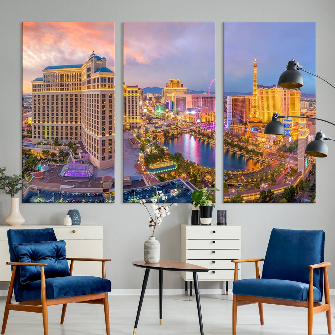 The gallery-wrapped triptych of the Las Vegas Wall Art Canvas Print, depicting the colorful skyline at sunset, adds a vibrant touch to the room. This artwork is crafted on museum-quality canvas and features a UV-protective coating for lasting durability.