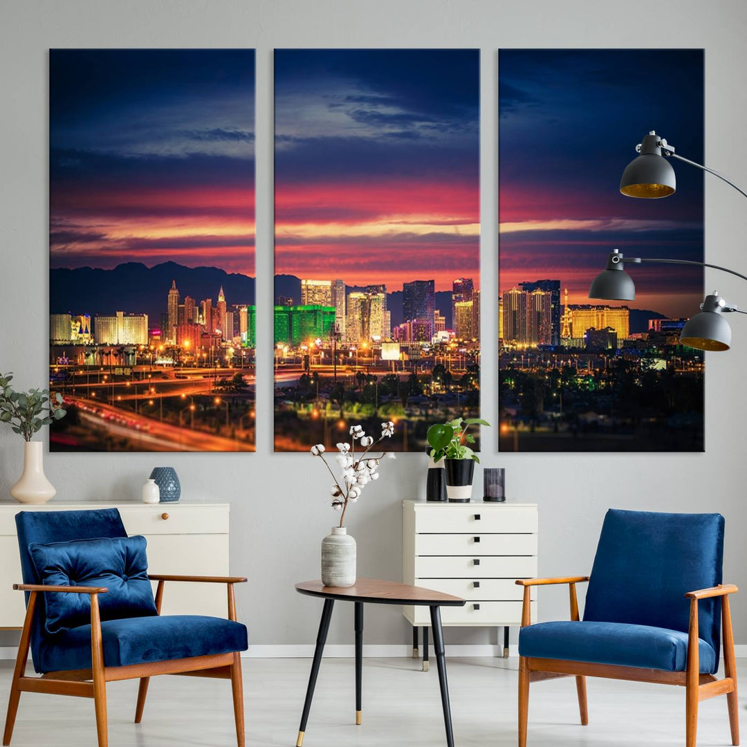 The living room is adorned with the Las Vegas Wall Art Canvas Print, a triptych showcasing a cityscape at sunset. This piece is crafted on museum-quality canvas and protected by a UV-coated finish, highlighting the craftsmanship of a skilled professional.