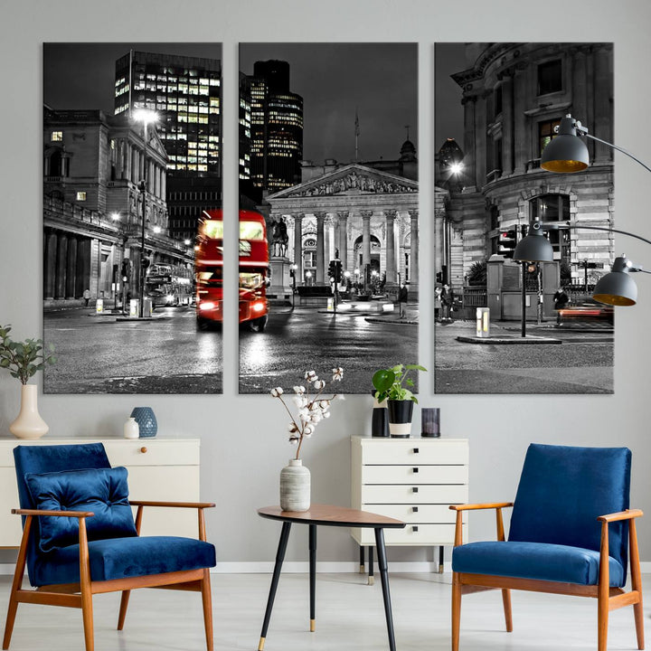 The London Night Red Bus Wall Art Canvas Print features a black and white cityscape with a moving red double-decker bus, crafted on museum-quality canvas with a UV-protective coating. This ready-to-hang artwork is designed to stand out and enhance any space.