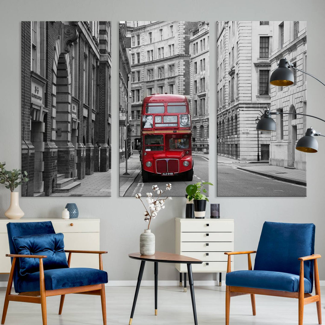 The living room features museum-quality London Red Bus Wall Art, showcasing a split canvas print of a red bus on a black and white city street. This artwork is ready to hang and includes a UV-protective coating to ensure long-lasting vibrance.