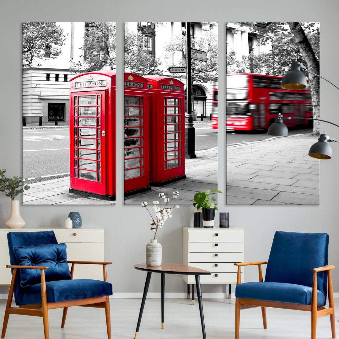 The London Red Bus and Phone Club Wall Art, a vivid night canvas print featuring iconic red buses and phone booths, is elegantly showcased on gallery-wrapped, museum-quality material. With its UV-protective coating, this captivating piece infuses your space with the charm of London.