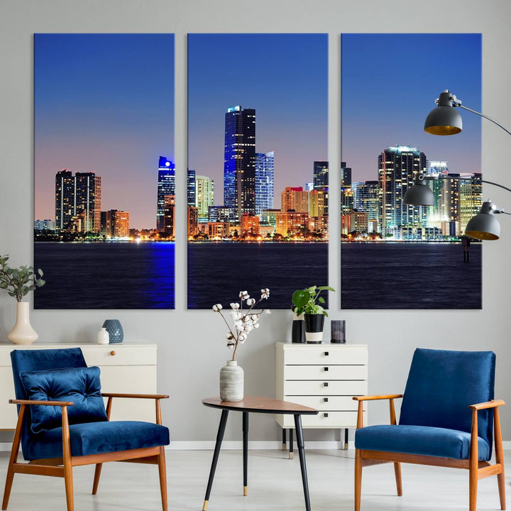 Miami City wall art canvas print showcasing a city skyline at dusk. Crafted on museum-quality canvas and designed to be ready to hang, it offers effortless elegance for your interior decor.