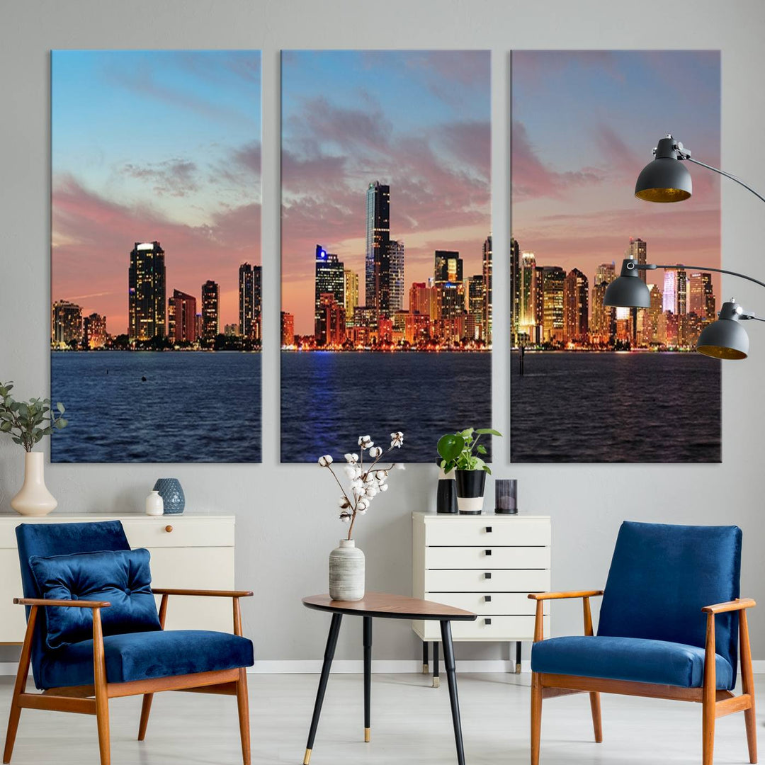 The Wall Art MIAMI Canvas Print emphasizes a vibrant cityscape at sunset. This artwork is presented on museum-quality canvas with gallery-wrapped edges, ensuring it stands out while maintaining its pristine condition for years to come.