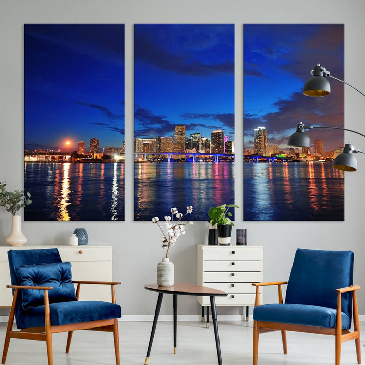 A large Miami City View Wall Art Canvas Print featuring the Miami City Skyline Panorama at night is displayed above the dresser.