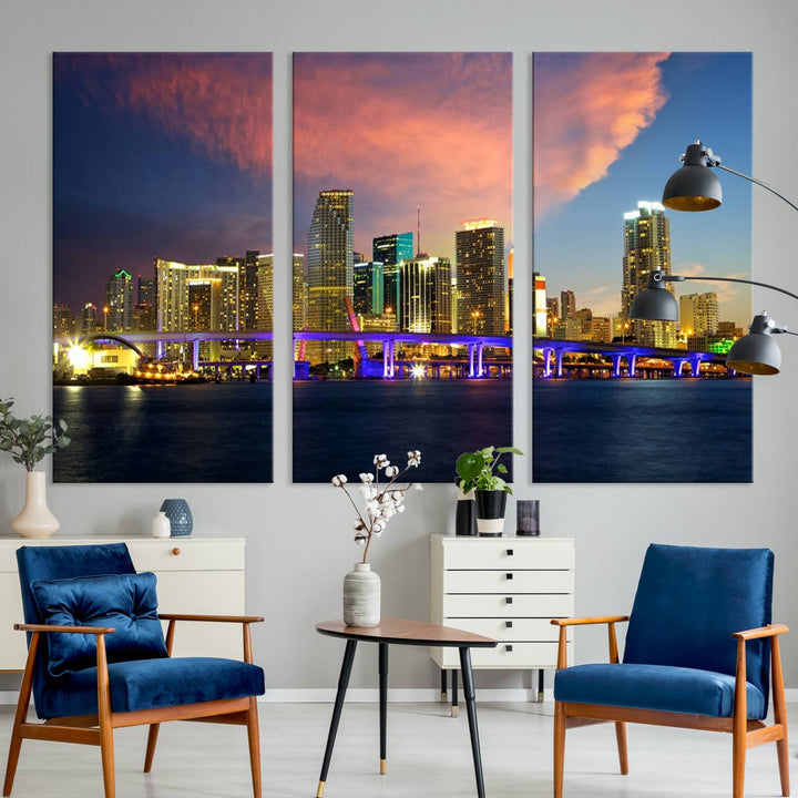 The modern living room is enhanced by the "Miami City Wall Art Canvas Print," a stunning triptych portraying a city skyline at sunset. These canvases are gallery wrapped and made from museum-quality materials, featuring a UV-protective coating to ensure lasting vibrancy.