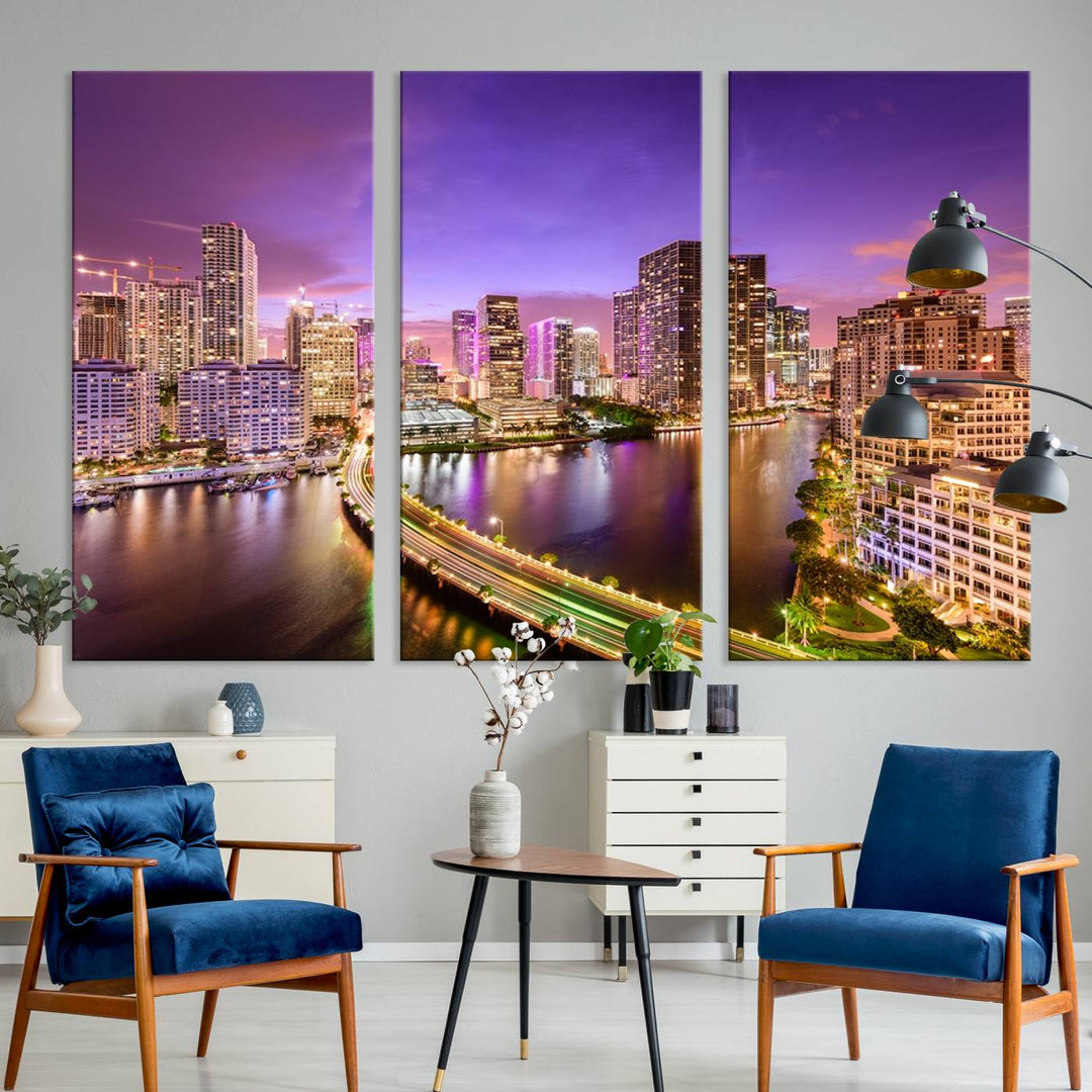 A large Miami City Wall Art Canvas Print is elegantly gallery wrapped on museum-quality polycotton canvas with a UV-protective coating.