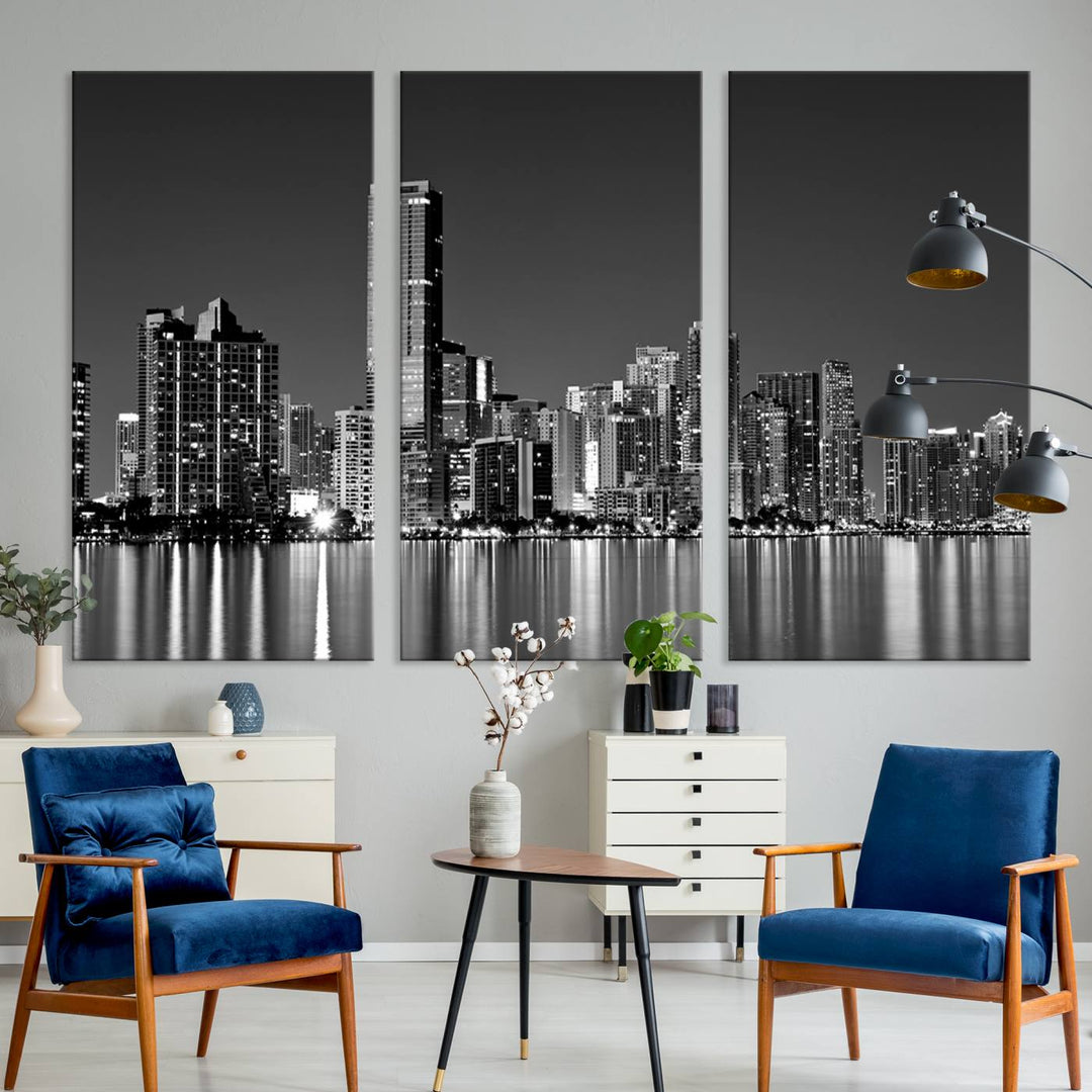 The Miami City Wall Art Canvas Print, a stunning triptych of the Miami skyline, elegantly hangs in this modern living room.