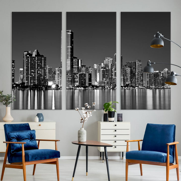 The Miami City Wall Art Canvas Print, a stunning triptych of the Miami skyline, elegantly hangs in this modern living room.