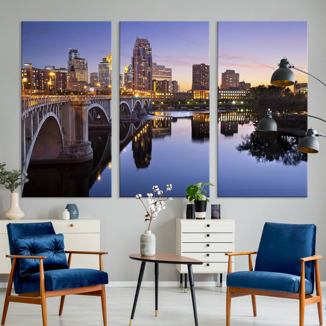 Display the Minneapolis Wall Art Canvas Print, featuring the Minnesota cityscape at dusk, on gallery-wrapped, museum-quality canvas.