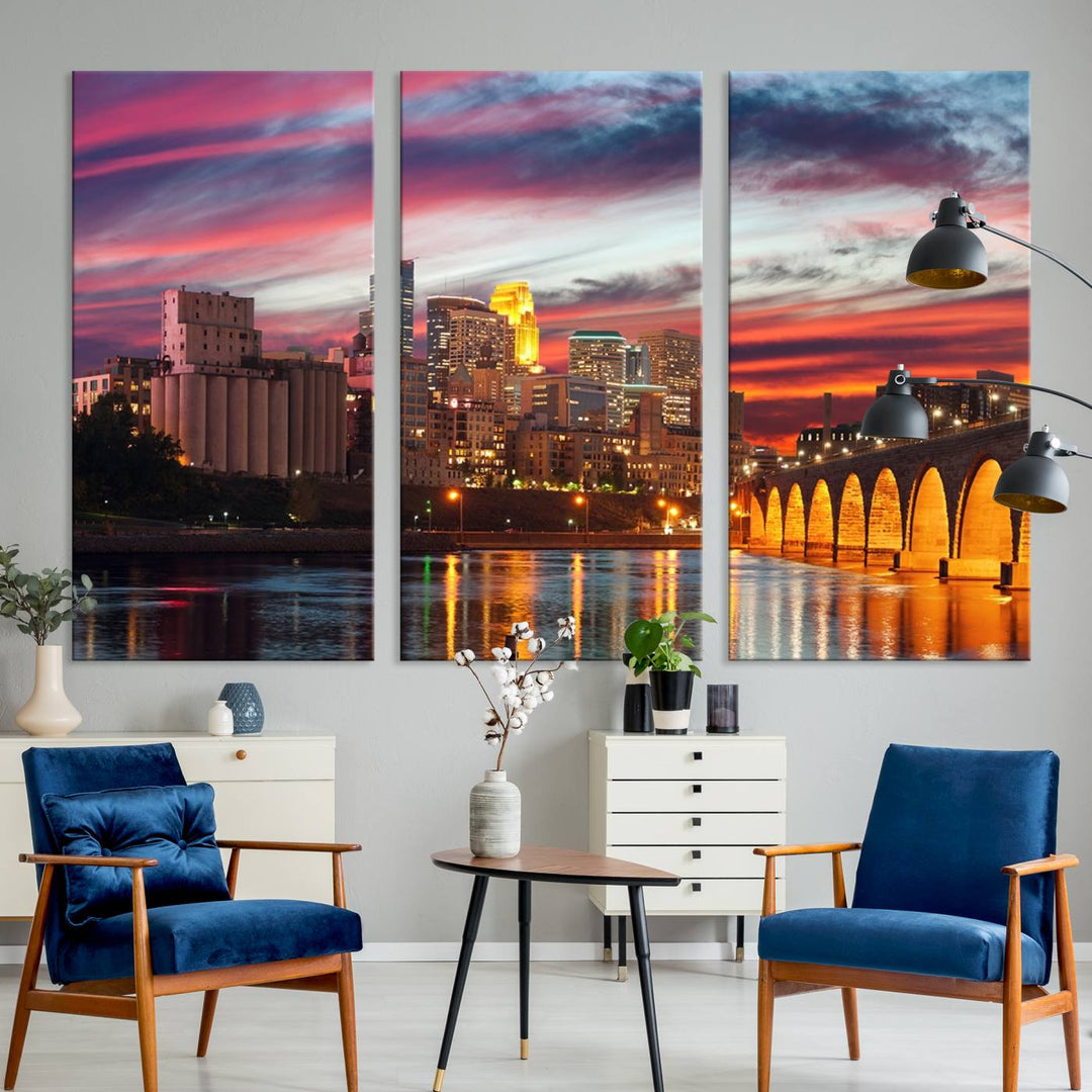 The "Minneapolis Wall Art Canvas Print, Minnesota City Wall Art Print, Minnesota Cityscapes Wall Art" features a city skyline at sunset in museum-quality canvas prints. Transform your living space into a gallery with this stunning piece and enjoy free shipping.