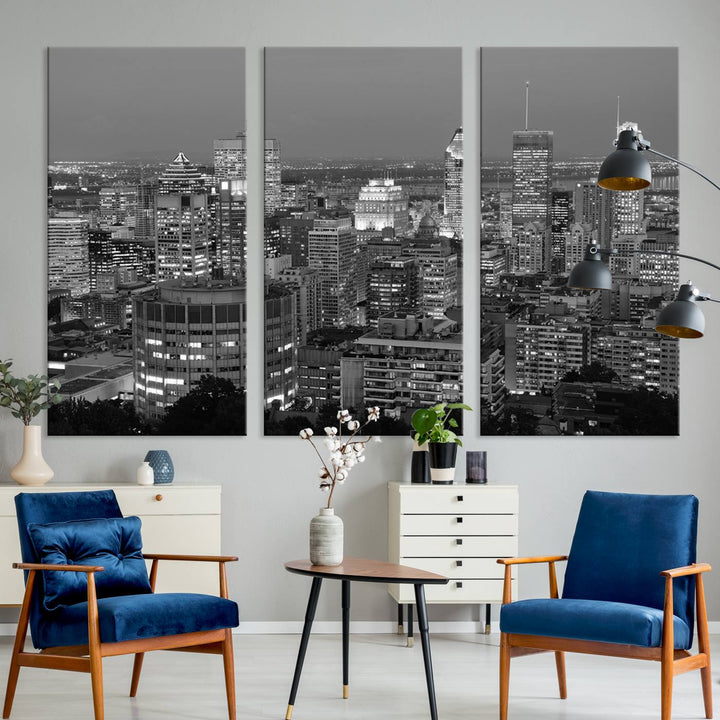 The gallery-wrapped, museum-quality canvas print features the Montreal Canada City Wall Art, showcasing a cityscape at night in black and white.