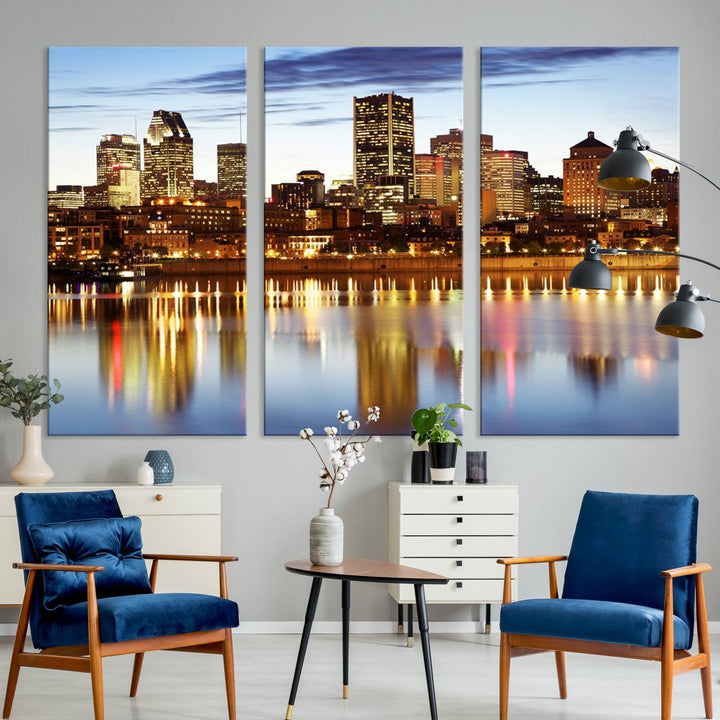 A Montreal Canada City Wall Art Canvas Print, depicting the cityscape at dusk and reflecting in calm waters, is crafted with museum-quality canvases and a UV-protective coating. This remarkable piece guarantees vibrant colors that remain stunning and ready to hang for years to come.