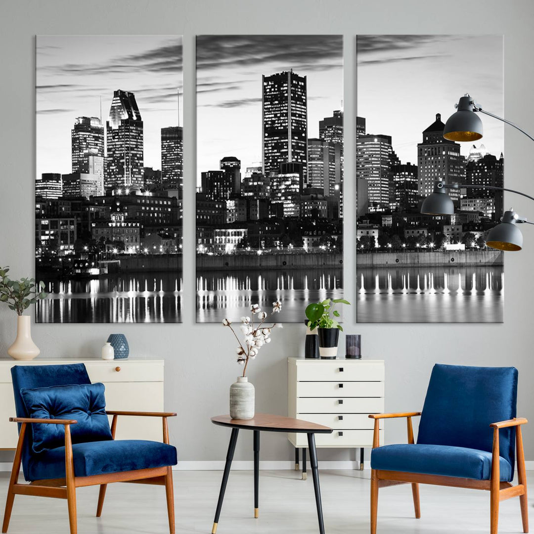 The contemporary living room features the Montreal Canada City Wall Art Canvas Print, an elegantly gallery-wrapped triptych on museum-quality canvas, prominently hung above.