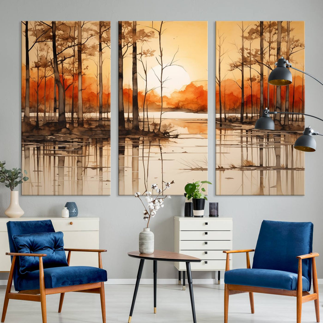 An Abstract Watercolor Trees and Sunset on Lake Wall Art Canvas Print, created on museum-quality canvas.