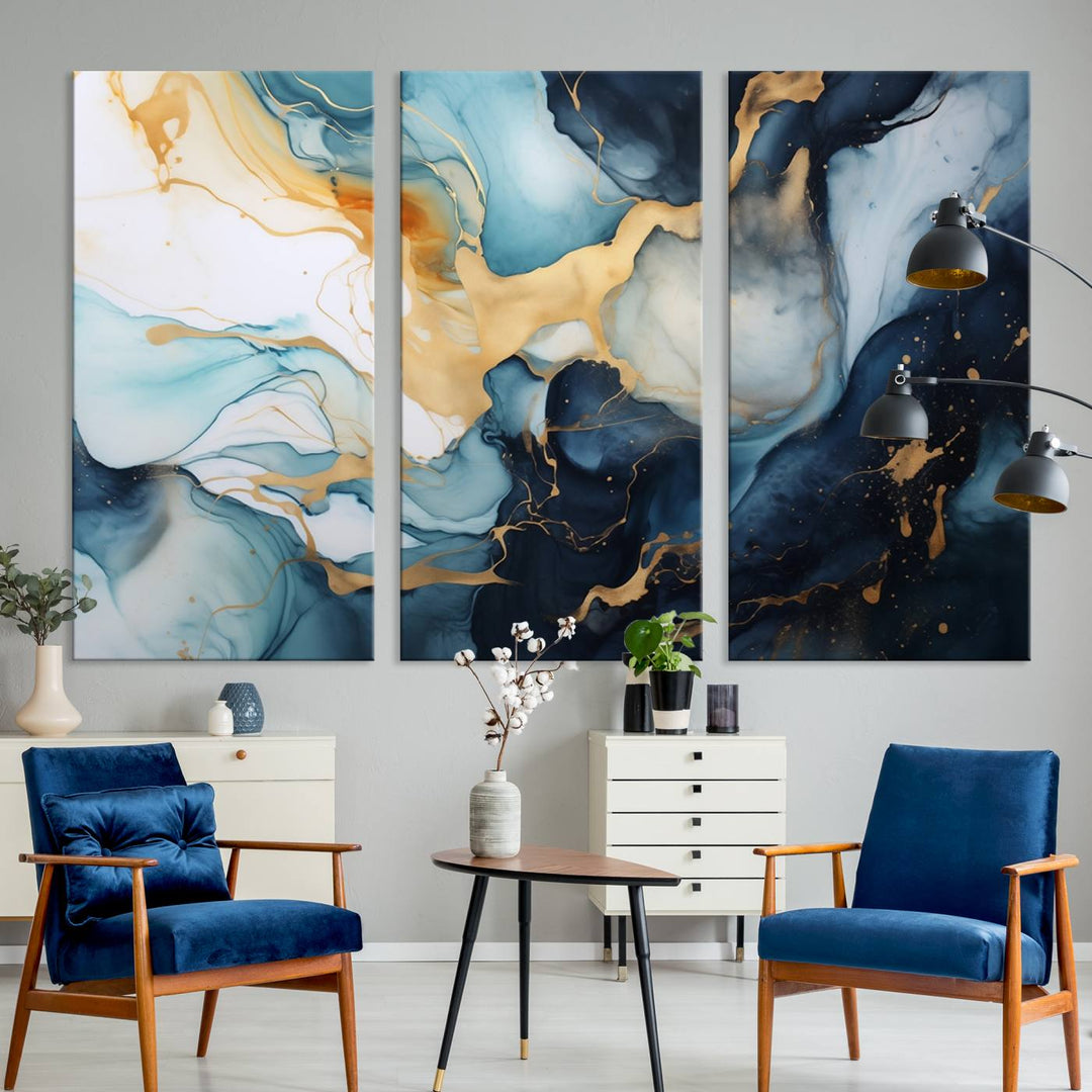 The living room is enhanced by the Marble Fluid Abstract Wall Art Canvas Print, which adds a touch of sophistication.