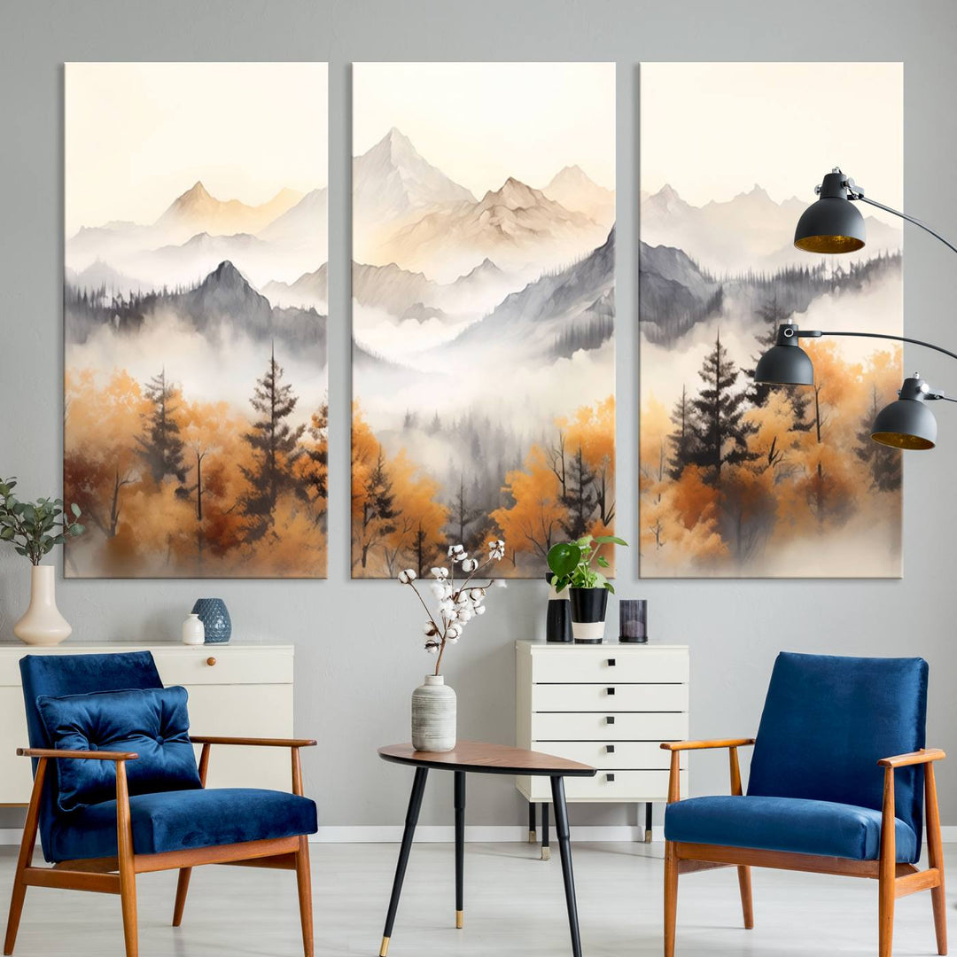 Impresión en lienzo de arte de pared minimalista de otoño de montañas y árboles de acuarela abstracta para decoración moderna del hogar, oficina, sala de estar y comedor