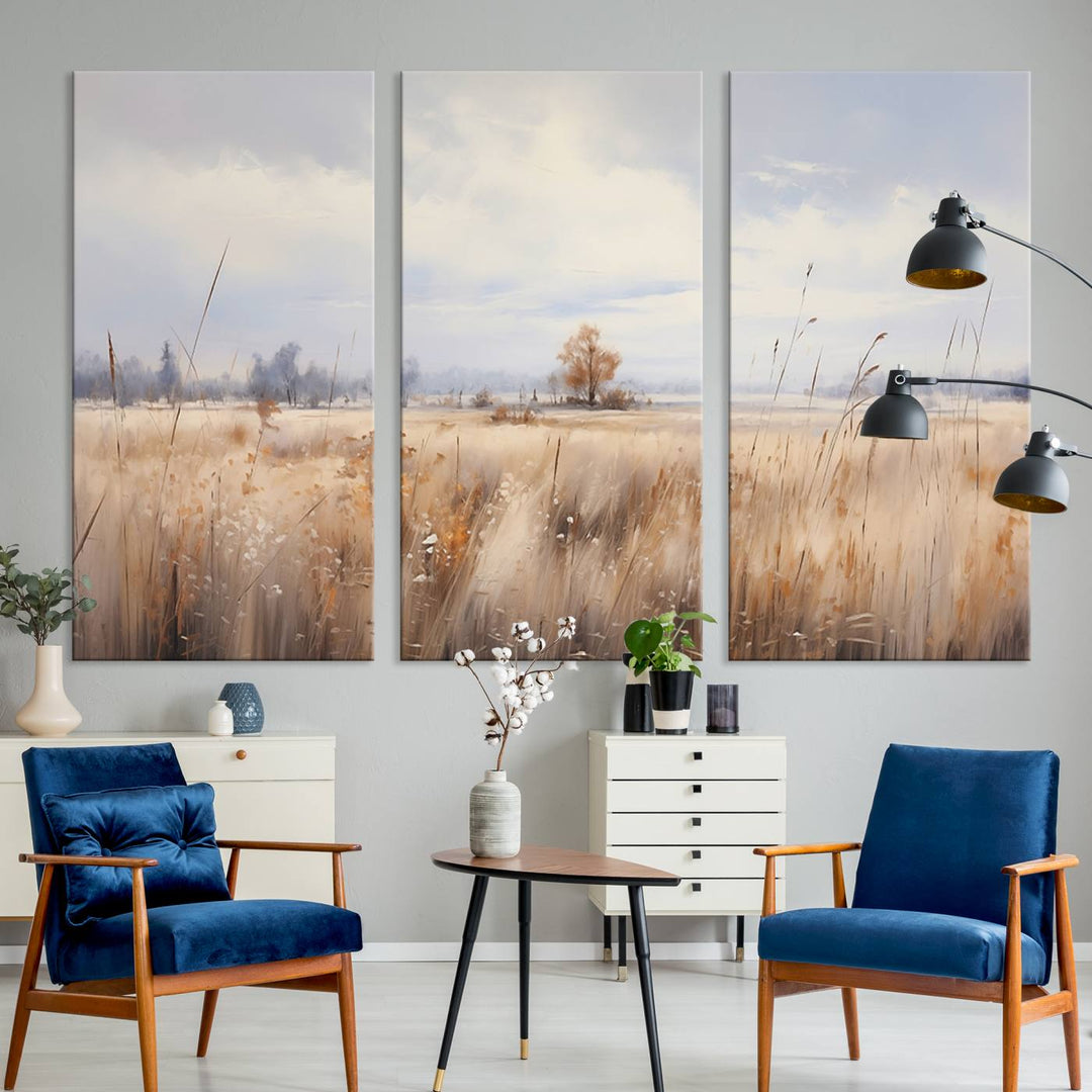 The modern living room features the Golden Fields Canvas Wall Art Print – Serene Landscape of Nature’s Tranquility in Minimalist for Farmhouse Decor, showcasing serene golden fields that enhance the calming ambiance.