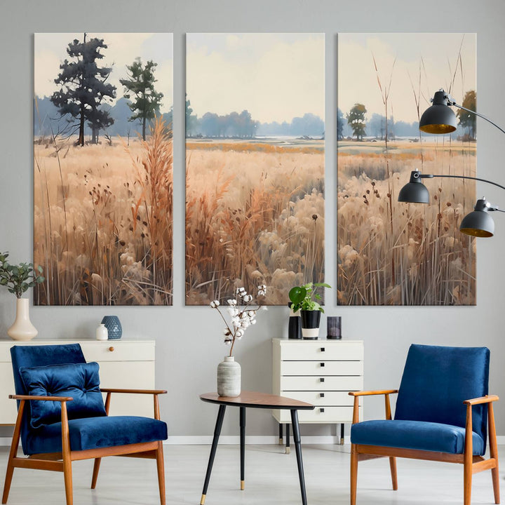 The Golden Fields Canvas Wall Art Print, a serene depiction of nature's tranquility in minimalist modern decor style, graces the wall with its calming presence.