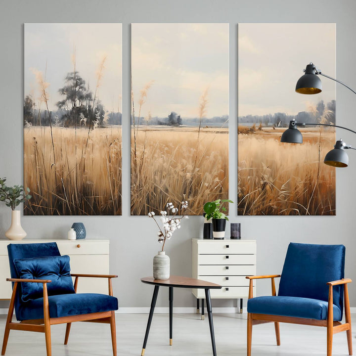 A Wildflower Field Landscape Oil Painting, showcasing a vintage art print of a serene field with tall grasses and distant trees, is beautifully presented on museum-quality canvases with gallery-wrapped edges.