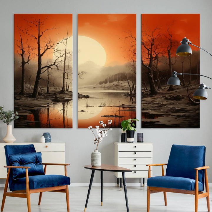 The "Abstract Watercolor Trees and Sunset on Lake Wall Art" is a triptych masterpiece, showcasing an orange-hued landscape of barren trees and a large sun. Displayed on museum-quality canvases with UV-protective coating, it creates a striking visual element in any space.