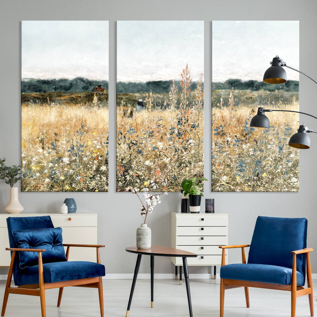 The "Wildflower Field Wall Art Canvas" brings rustic charm to the room with its nature-inspired landscape print, making it a perfect addition to the living room or office.