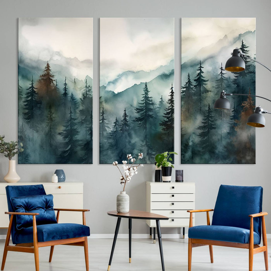 A set of Serenity Forest Wall Art Canvas prints, showcasing foggy mountain landscapes, is displayed in the living room.