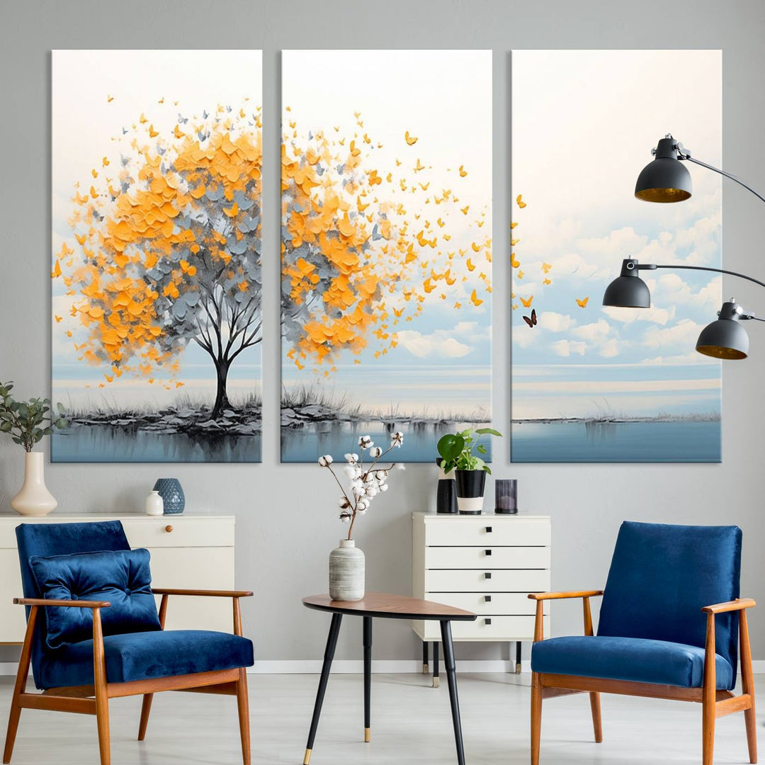 A Butterfly Tree Wall Art Canvas, featuring a modern tree adorned with yellow butterflies, decorates the wall.