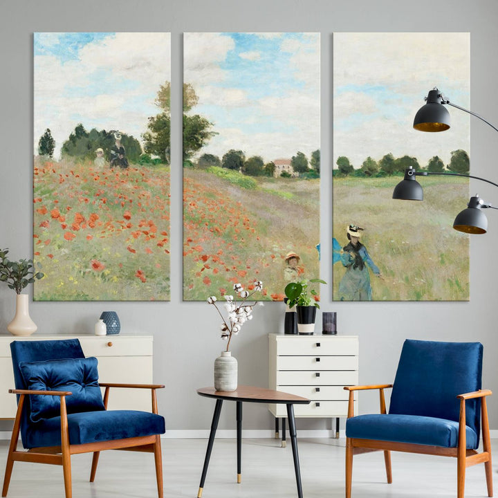 The Claude Monet The Poppy Field Canvas Print features a scene of a serene meadow with blooming flowers and a woman and child. It is printed on museum-quality canvas with UV-protective coating.