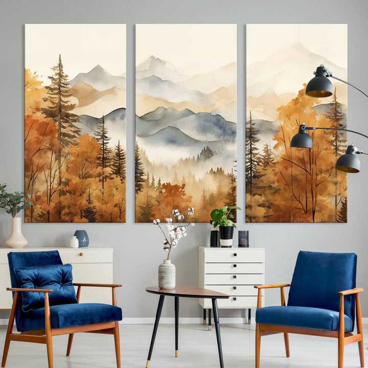 Abstract Mountain Mist Canvas Wall Art – Tranquil Autumn Forest and Misty Peaks - Ready to Hang