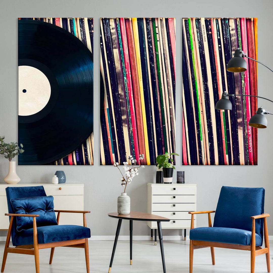 The room showcases the "Vinyl Record and Album Collection Canvas Wall Art," a perfect retro music decor piece for vintage vinyl lovers.