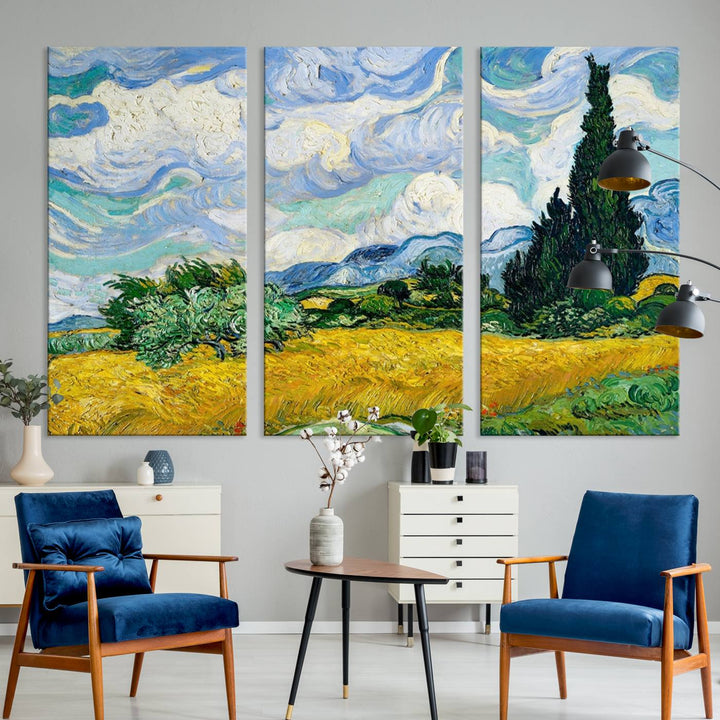 A contemporary living room features a large triptych of "Wheatfield With Cypresses By Van Gogh Painting Wall Art Canvas Print." Crafted on museum-quality canvas, this artwork brings a sense of elegance and craftsmanship reminiscent of professional artistry.