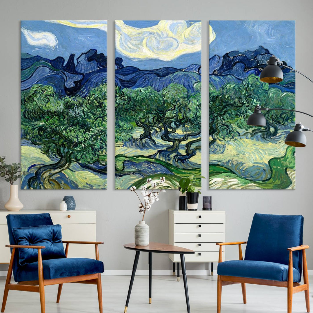 The Olive Trees Van Gogh Wall Art Canvas Print enhances the living room with its vivid landscape on museum-quality canvas, complete with a UV-protective coating.