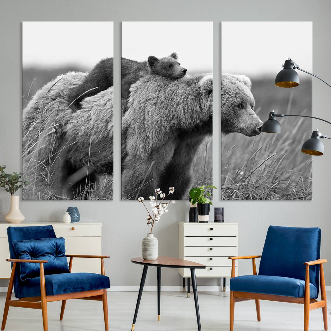 Baby Bear and Mom Bear Family Black & White Canvas Print Wall Art Canvas