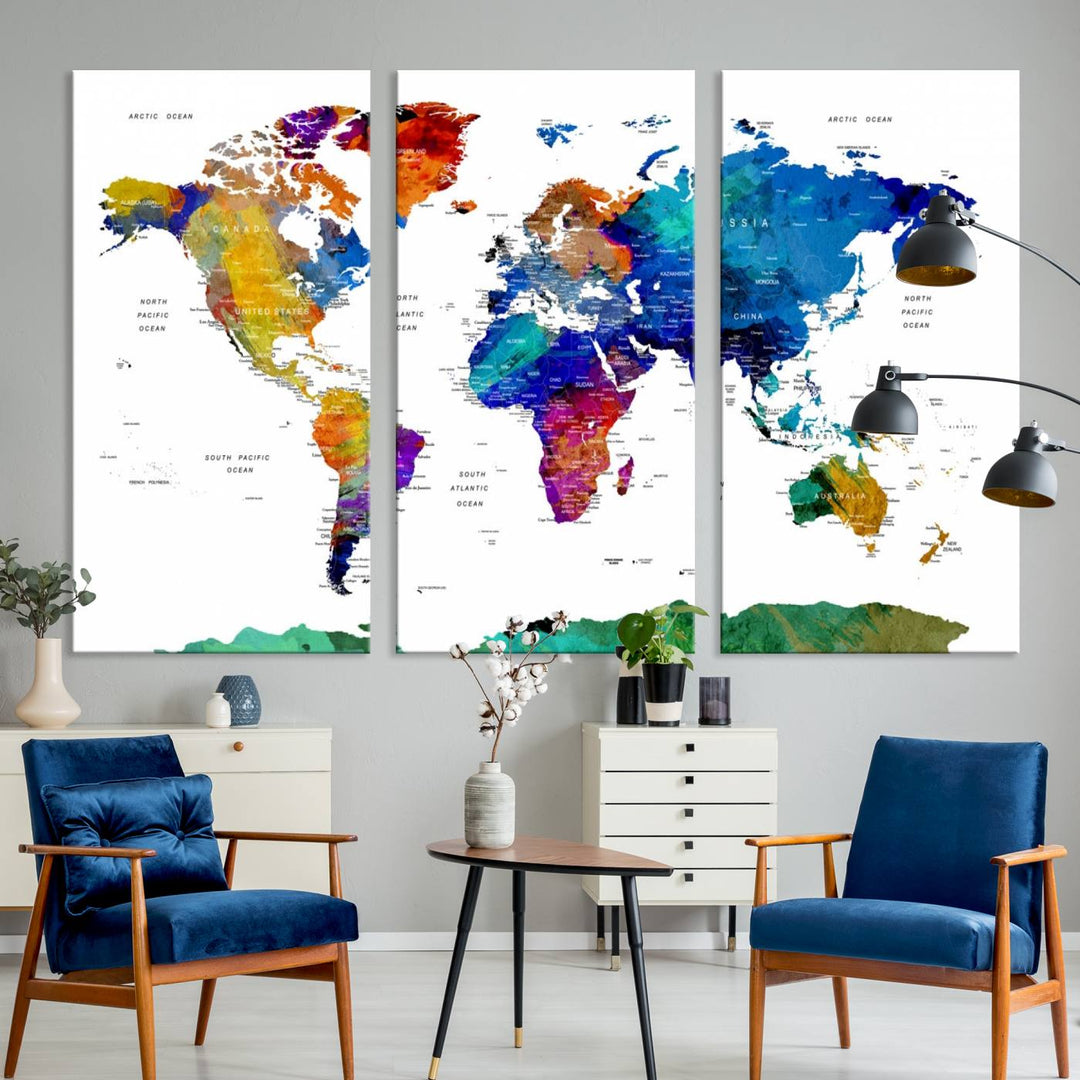 Hanging as a vibrant touch of decor, the Framed 3-Panel Colorful World Map Canvas Art is ready to enhance any space with its geographical charm.