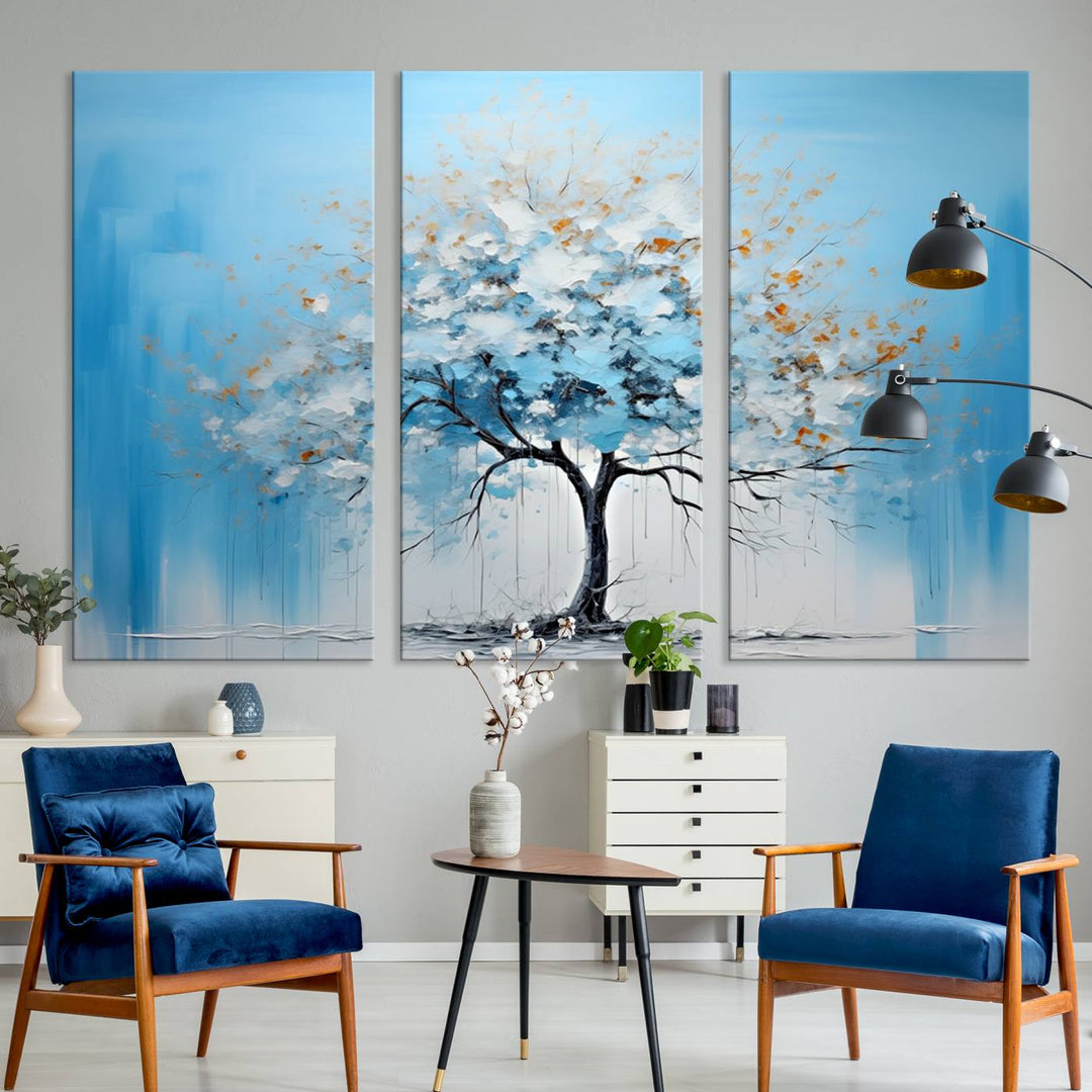 Modern living room featuring the Large Blue Abstract Tree Wall Art Canvas Printing. Enjoy the elegance with free shipping.