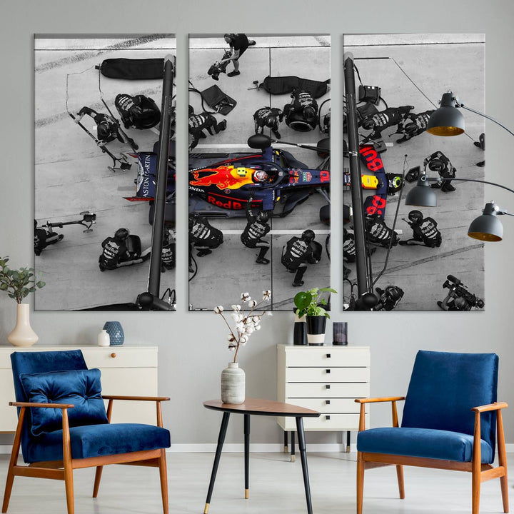 The RedBull Formula 1 Canvas Wall Art Print, a set of three gallery-quality pieces, elegantly adorns the wall.