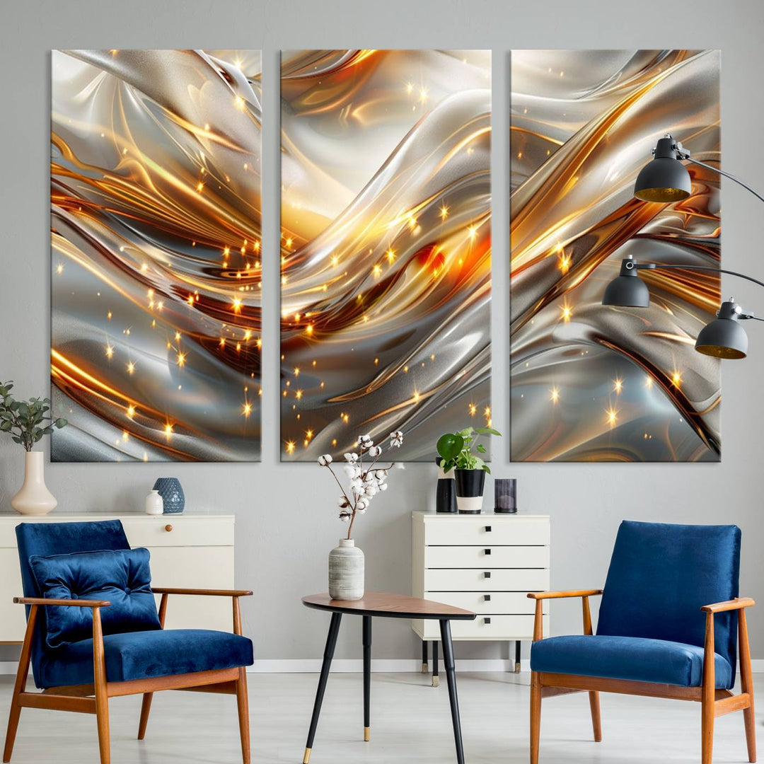 The Elegant Modern Gold Abstract Wall Art - Premium Framed Canvas Print for Home & Office Decor showcases a captivating triptych with swirling metallic designs and golden sparkles, perfectly enhancing contemporary interiors.