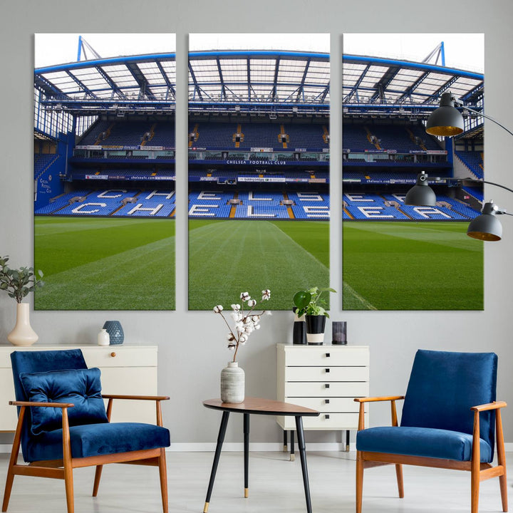 The Chelsea FC Soccer Team Print - Stamford Bridge Stadium Wall Art Canvas Print hangs elegantly, bringing the thrill of the game into your living room.