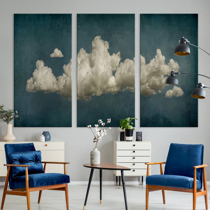 The Vintage Green Clouds Wall Art Canvas Print, set against a teal backdrop, showcases breathtaking canvas artwork with a gallery-quality finish.