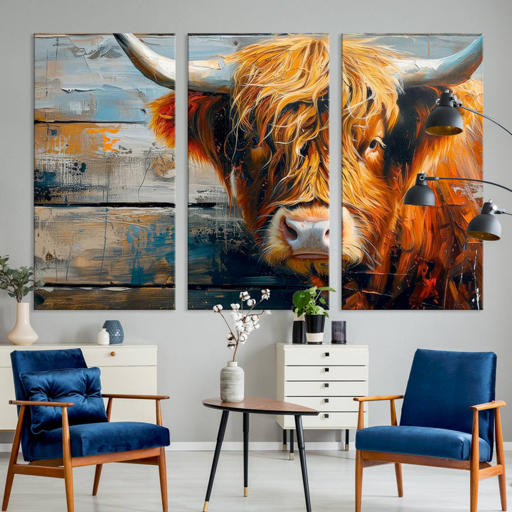 The Highland Cow Abstract Canvas Wall Art, a bold piece of farmhouse rustic decor, adds charm to the modern living room.