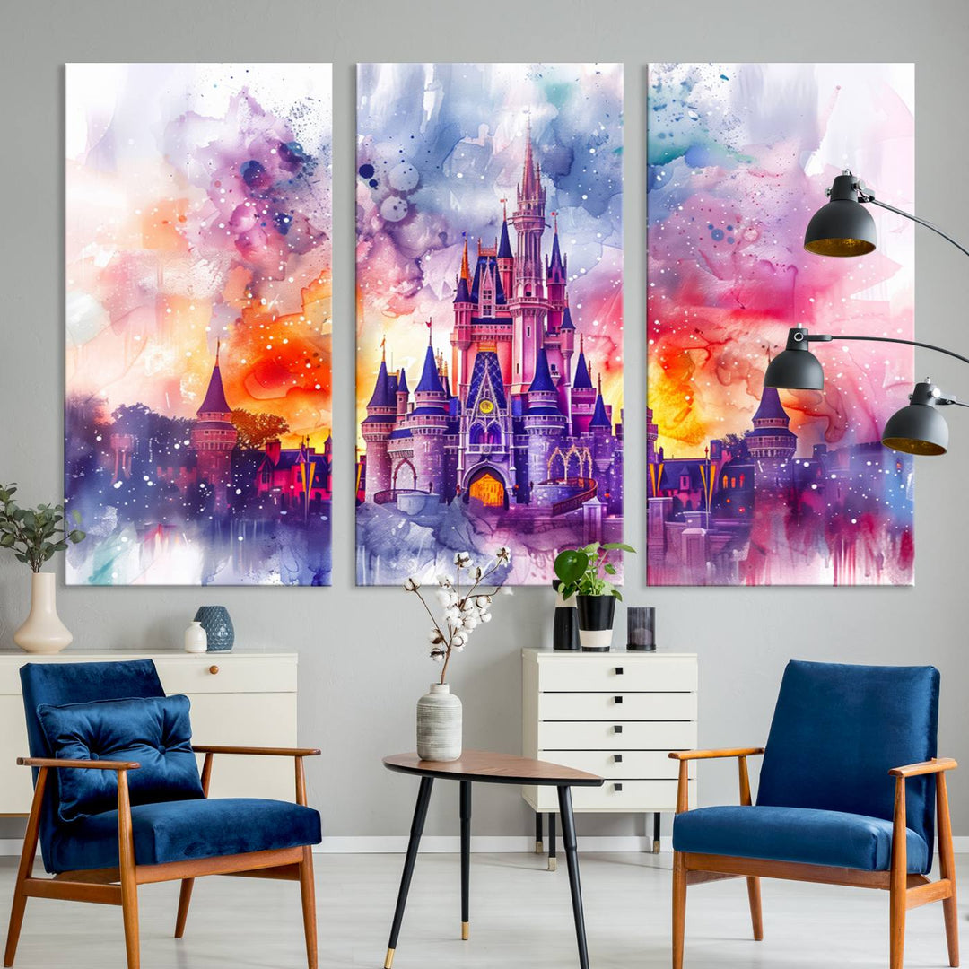 A vibrant piece of wall art depicting the Cinderella Castle from Disneyland, presented as a watercolor painting on premium canvas, is displayed.