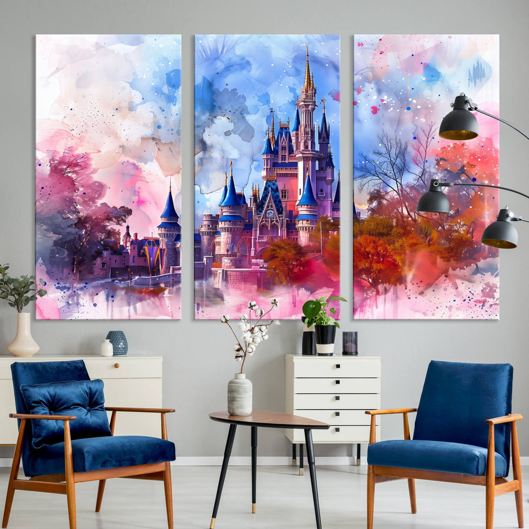 The Disney Wall Art: Dreamy Watercolor Cinderella Castle Canvas Print features a fairy-tale castle with vibrant pink, blue, and purple hues. Expertly handmade in the USA, this premium canvas wall art adds a touch of enchantment to any room.