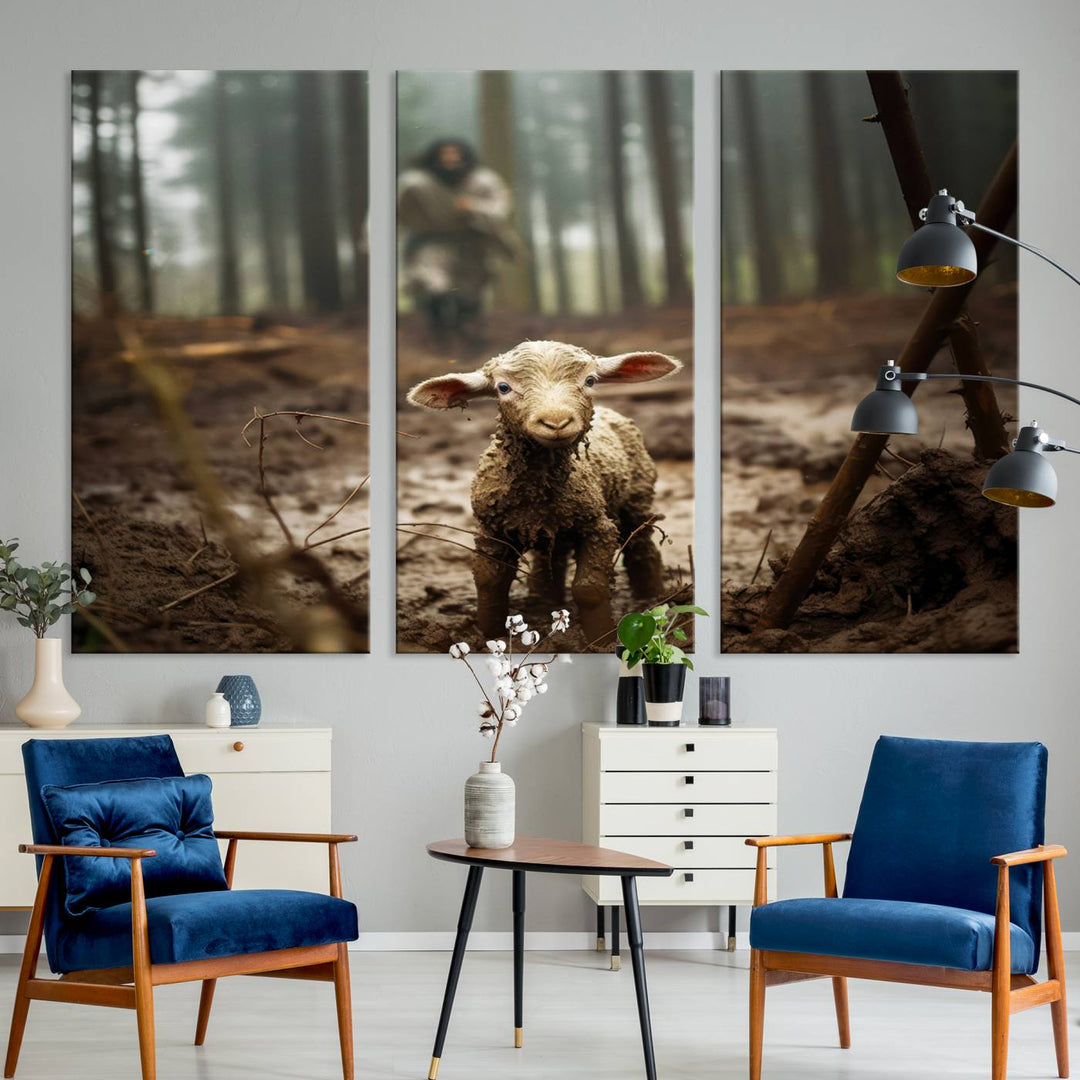 The Jesus Lost Lamb Canvas Wall Art, featuring a heartwarming woodland scene, captivates with its serene presence in the cozy living room.